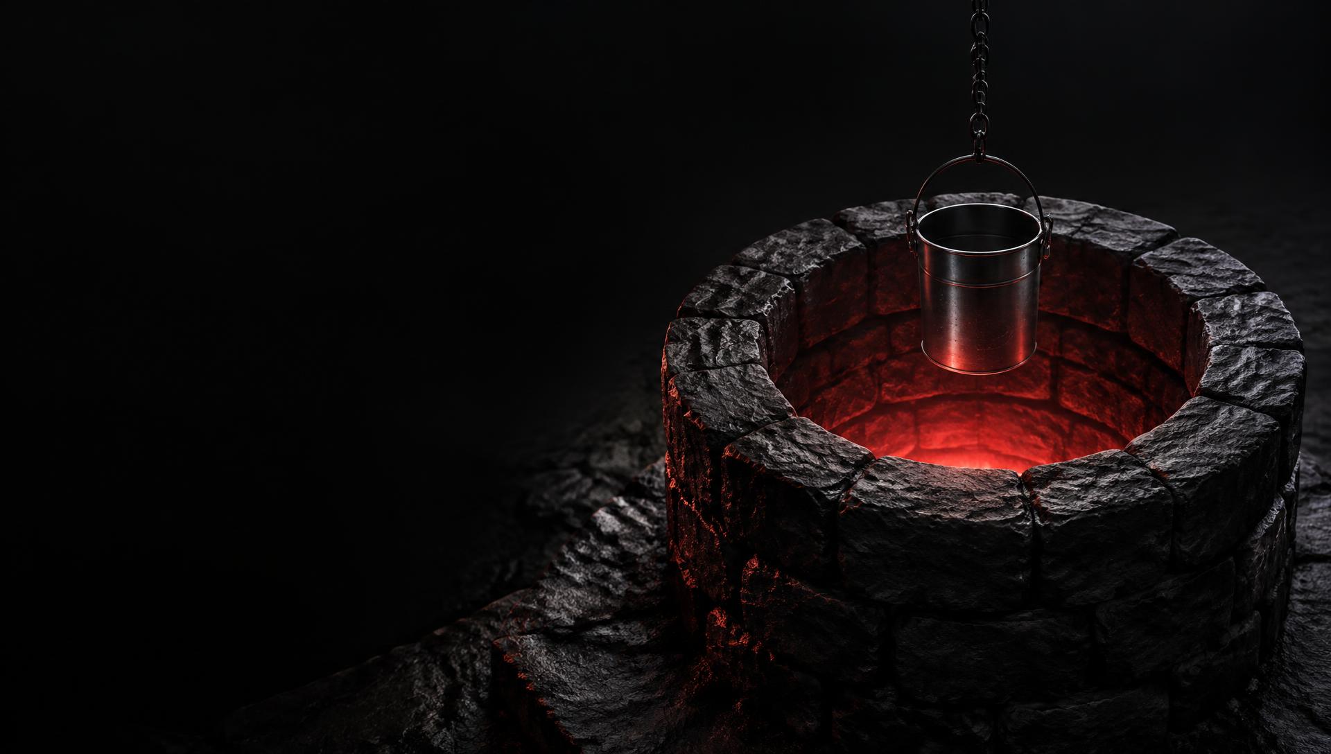 A stone well and bucket lit in red